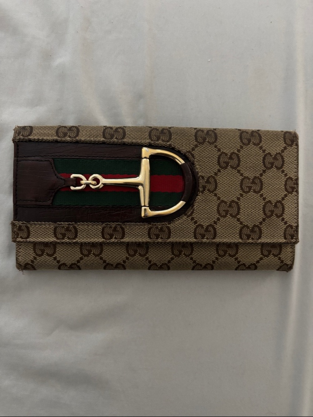 Gucci Beige/Ebony GG Canvas Horsebit Vintage Web Long Flap Wallet